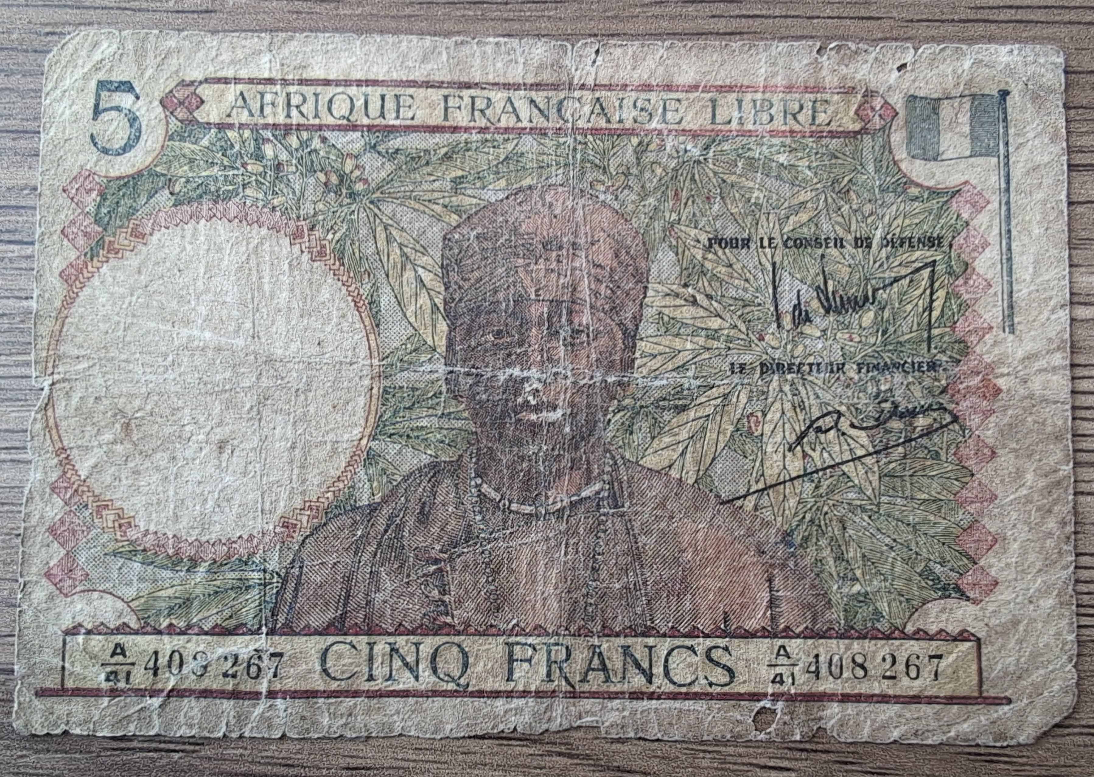 Billet ancien Afrique Française Libre 5 Francs 1941