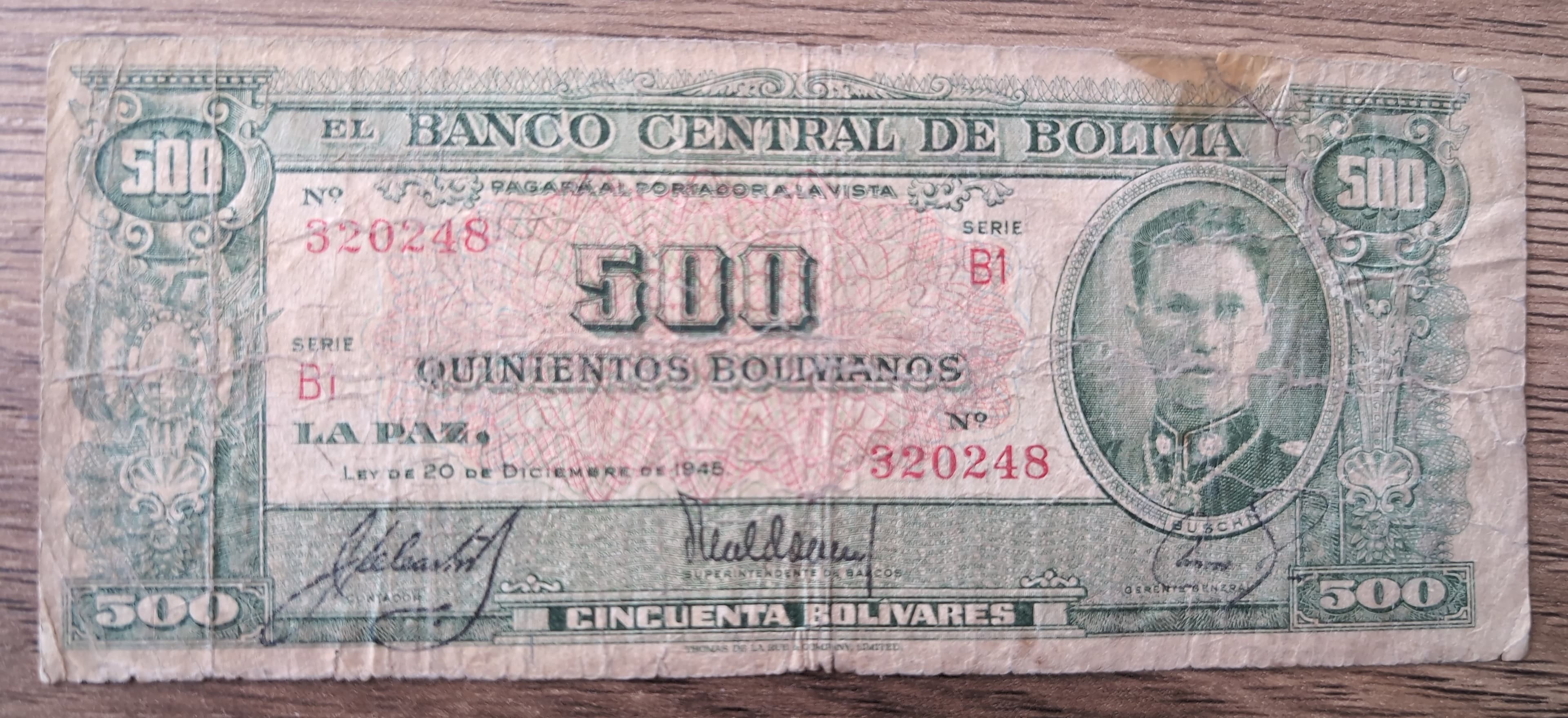 Billet ancien 500 Bolivianos 1945